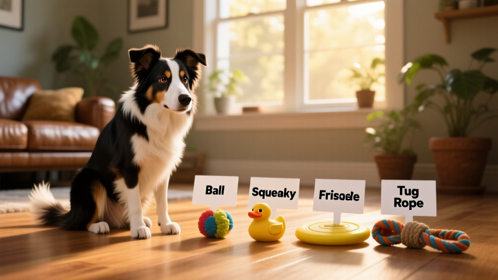 Chaser the Border Collie sitting attentively beside labeled toys, demonstrating object-name recognition