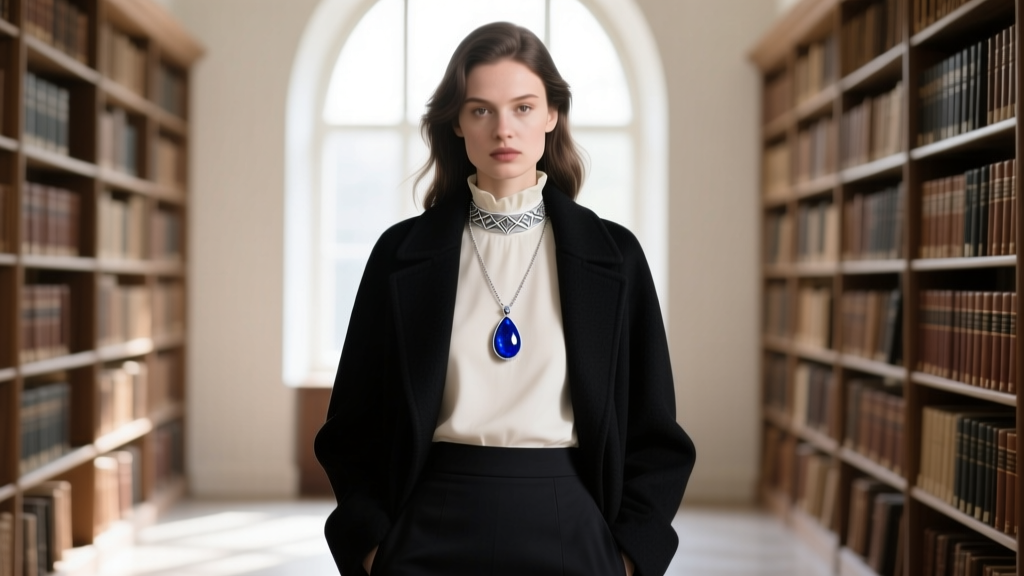Woman wearing a lapis lazuli teardrop pendant layered with a sterling silver choker, styled with a dark academia outfit.