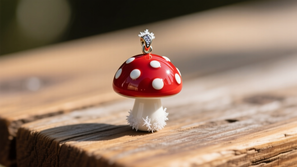 Macro shot of a vibrant red vitreous enamel mushroom pendant with white spots, catching bright sunlight on a rustic wooden surface.