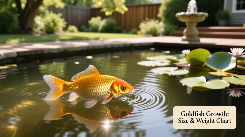 A mature comet goldfish gliding through a sunlit backyard pond with water lilies and gentle ripples