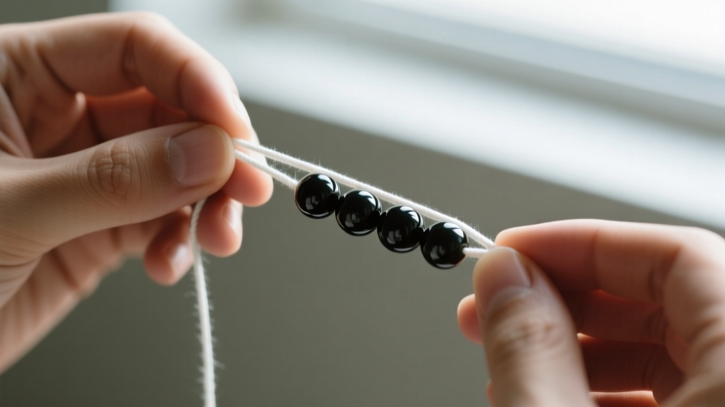 Hands pulling woven elastic cord through 8mm onyx beads, showing the tension and thickness of the white elastic string material.