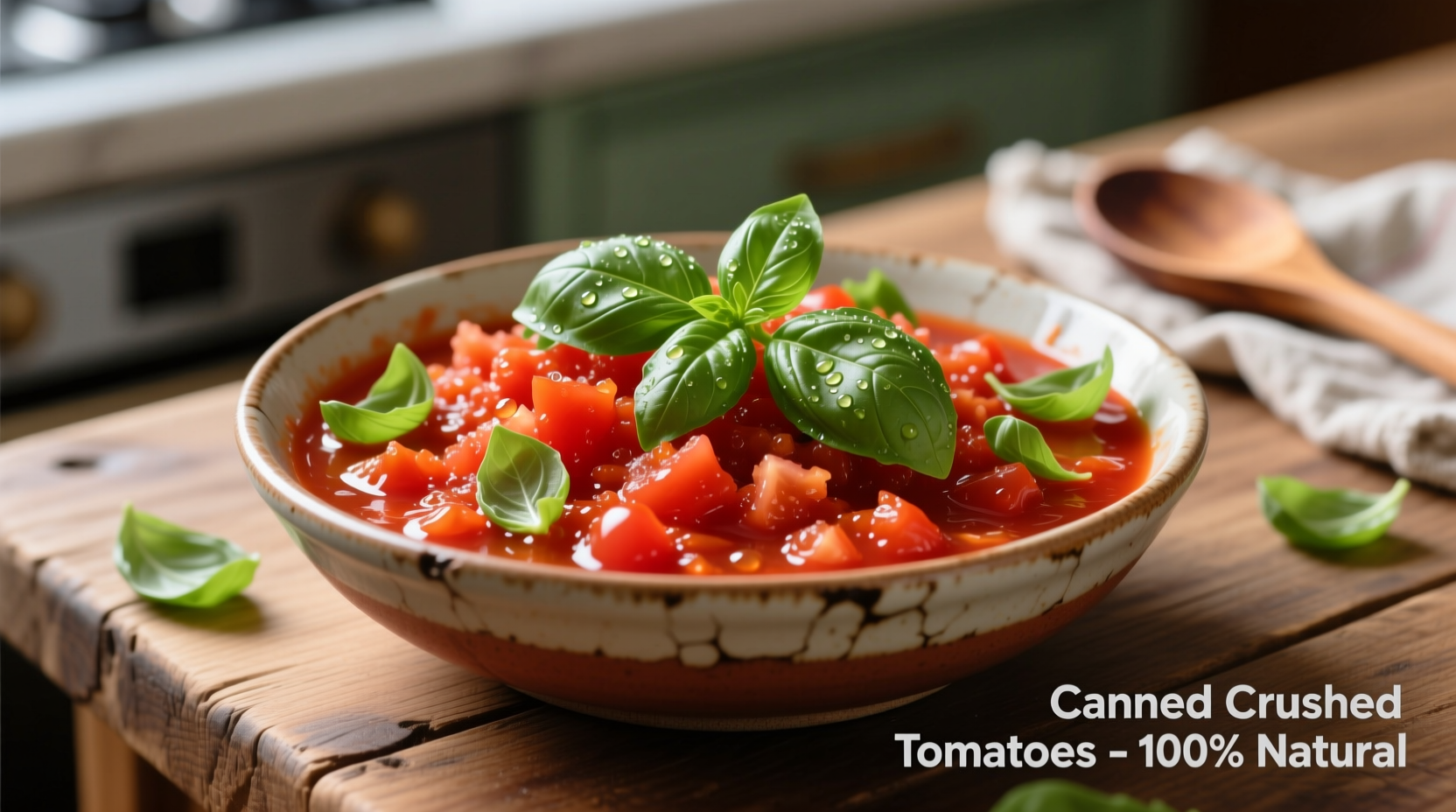 Canned crushed tomatoes in bowl with fresh basil
