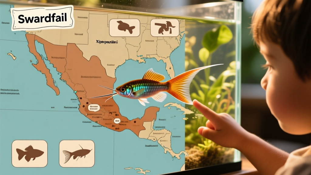 Map highlighting native range of Xiphophorus hellerii along Mexico's Atlantic coast, with inset icons marking key introduced regions worldwide