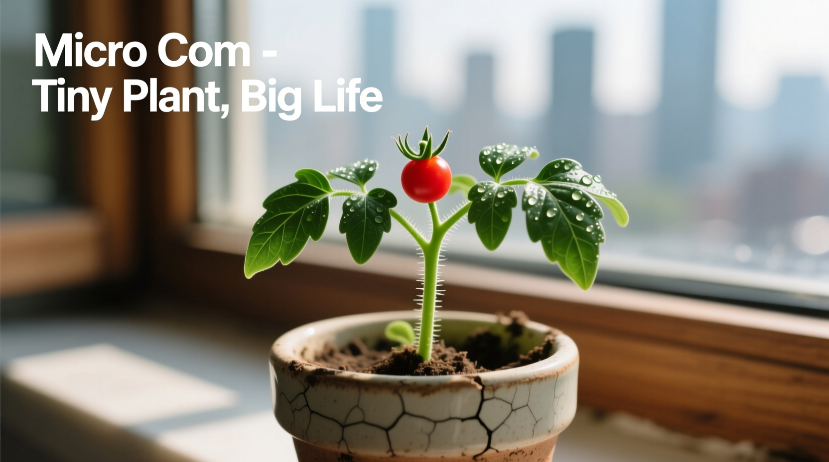 Micro Tom tomato plant growing in small container on windowsill