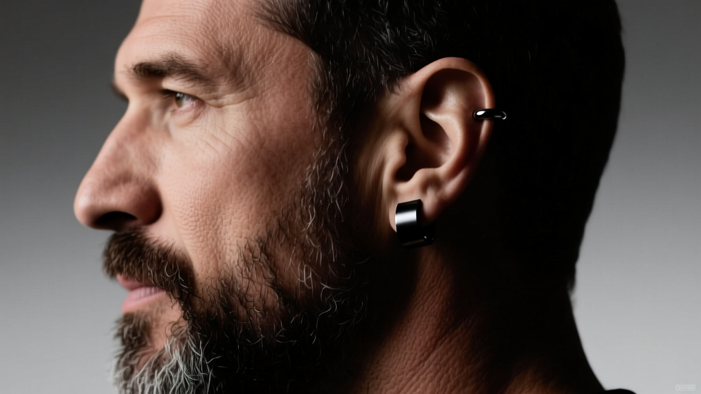 Bearded man side profile showing a matte black tungsten ear cuff on his left ear cartilage under moody cinematic studio lighting