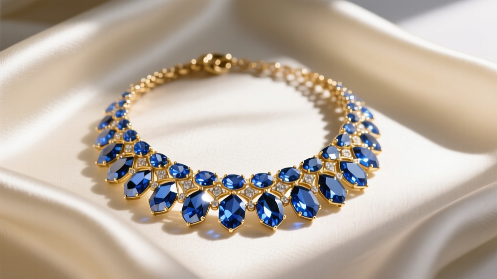 Flat lay of a vintage gold-tone Lia Sophia necklace with faceted sapphire-blue glass crystals on cream silk fabric.