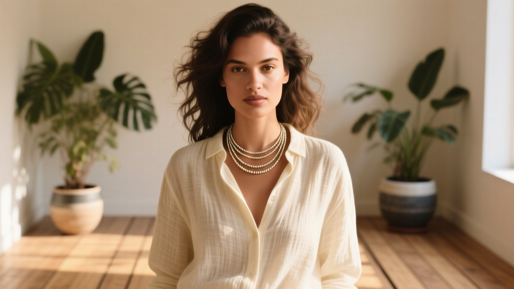 Woman wearing a layered Haiti necklace over a cream linen shirt, standing in a sunlit room with blurred potted plants behind.
