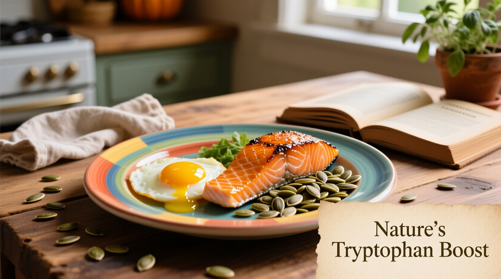 Colorful plate of tryptophan-rich foods including eggs, salmon, and pumpkin seeds