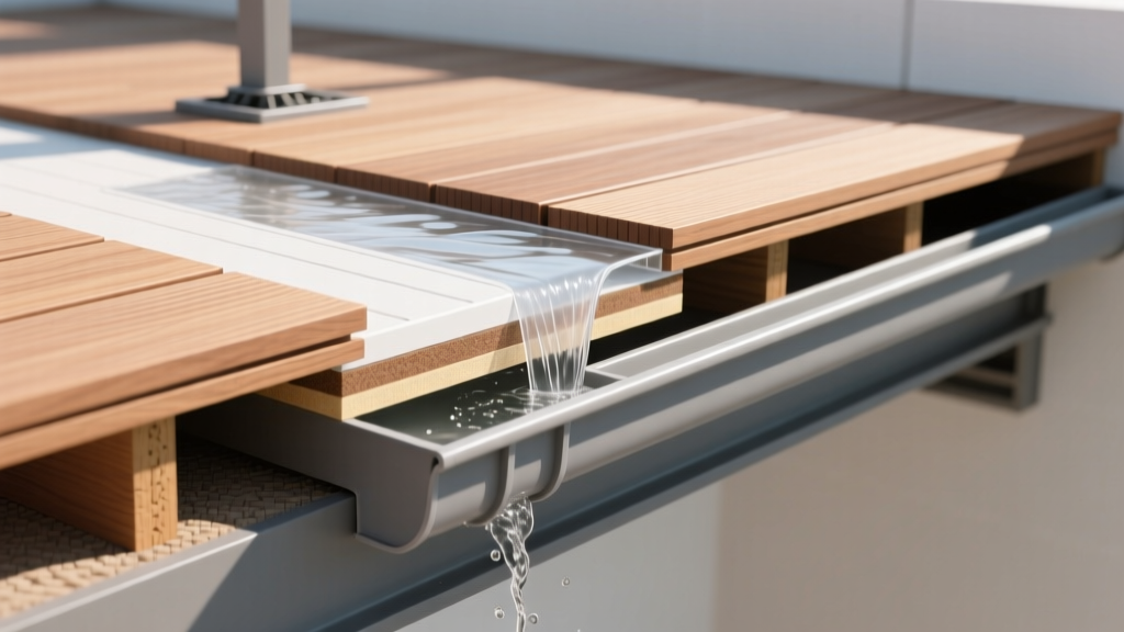 Cross-section showing water draining from composite deck boards through an above-joist membrane into a PVC gutter