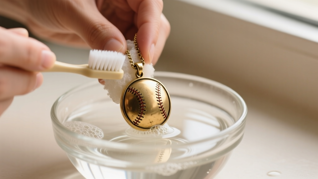 Hands gently scrubbing a brass baseball pendant necklace with a soft-bristled toothbrush and mild soapy water in a glass bowl.