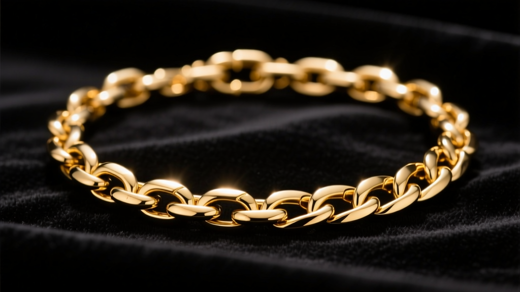 A thick 18k gold Figaro chain draped over dark velvet, displaying intricate links and a bright finish under warm studio lighting.