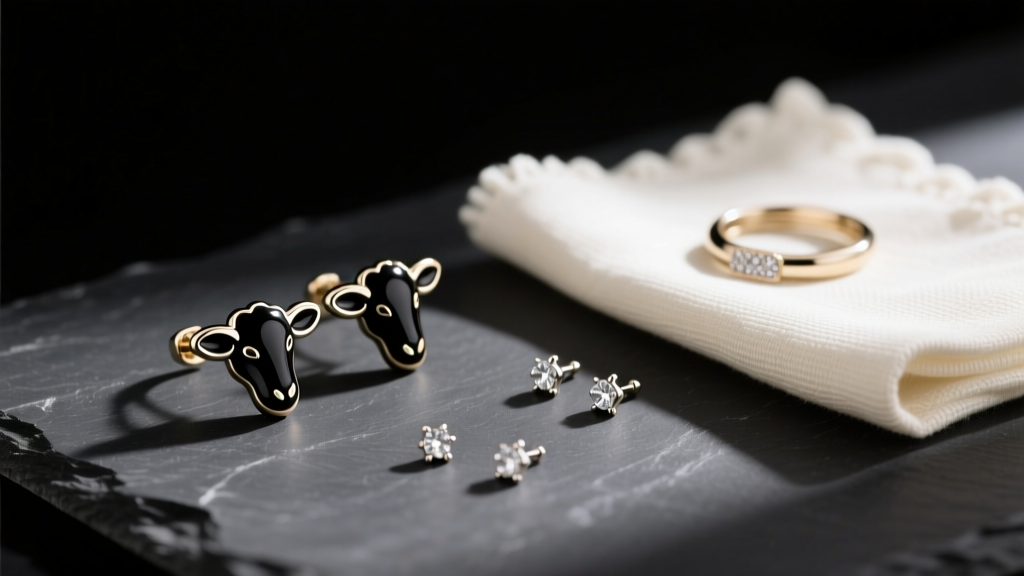 Flat lay of minimalist black enamel sheep ear cuffs and small studs arranged on dark slate next to a vintage jewelry polishing cloth