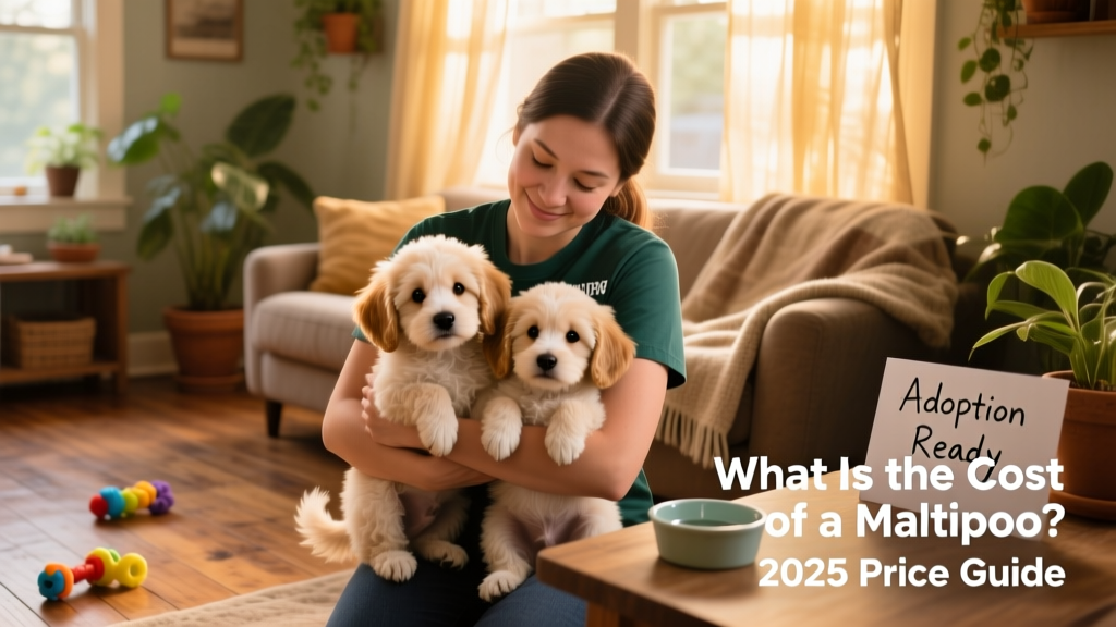 A kind volunteer holding two young Maltipoo puppies in a cozy, sunlit foster home setting