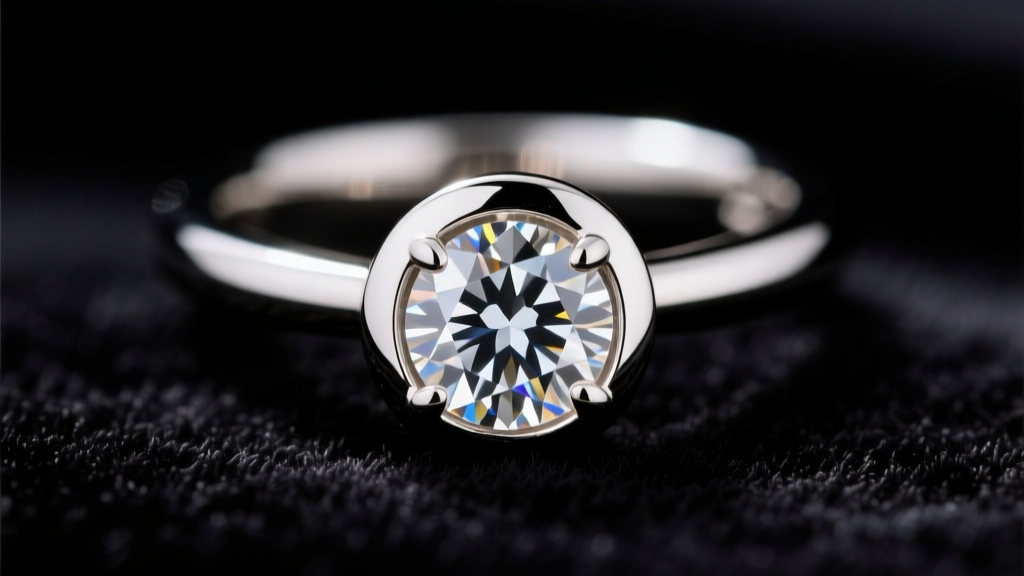 Macro shot of a half-bezel diamond pendant in 14k white gold, showing the metal rim hugging the girdle against dark velvet.