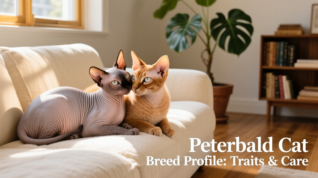 Two Peterbald cats—one hairless, one with a soft chamois coat—gently interacting on a cozy sofa