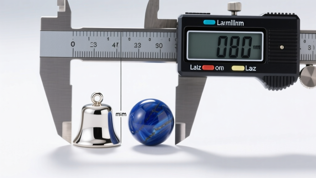 Digital calipers measuring a sterling silver bell bead cap next to a round lapis lazuli bead, showing a precise one millimeter gap.