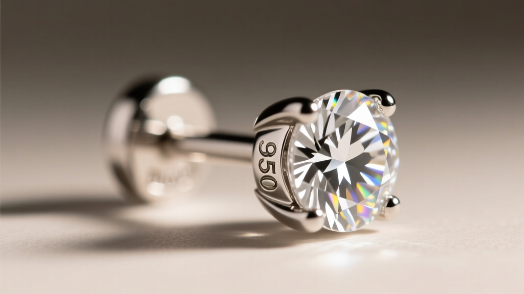 Close-up of a platinum 950 hallmark stamped inside the post of a heavy diamond stud earring, illuminated by a focused LED jeweler