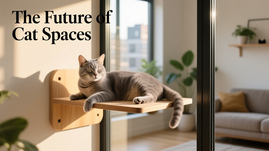 A compact, modern cat perch mounted on a sunny apartment window with a relaxed cat lounging on it