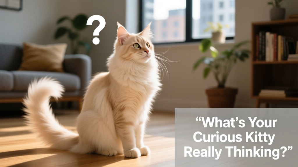 Beige-white Maine Coon cat sitting calmly with tail held high and slightly curved