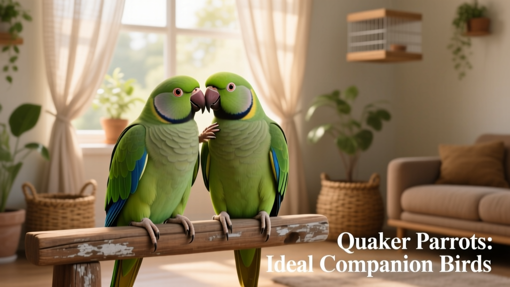 Two quaker parrots sitting side-by-side on a perch, gently preening each other’s feathers