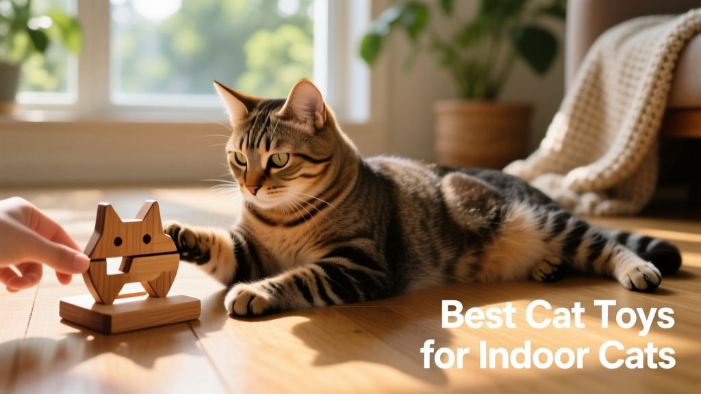 A cat laying on the floor playing with a wooden cat toy puzzle