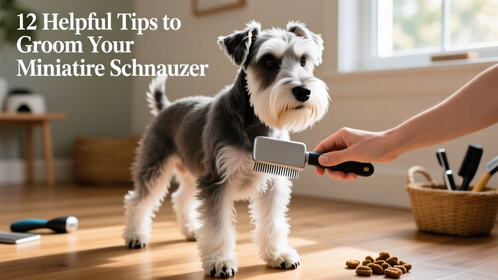 Person gently brushing a Miniature Schnauzer's beard and legs with a slicker brush
