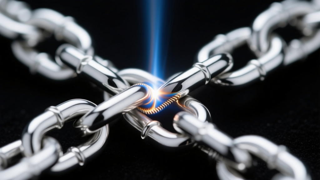 Macro shot of a pulse arc weld joint on a sterling silver chain, showing a clean oxidation-free weld bead under argon shielding
