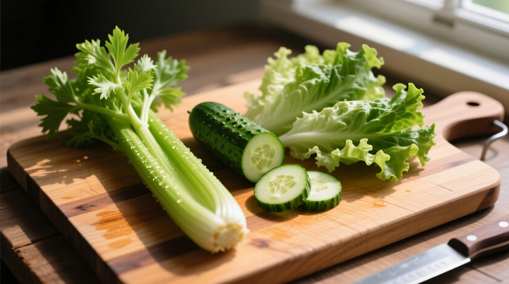 Fresh celery, cucumber, and lettuce on wooden cutting board