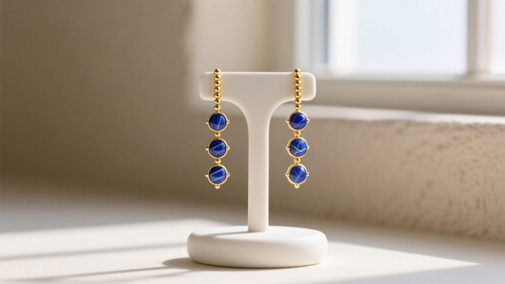 Elegant 14k gold-filled beaded drop earrings featuring 6mm lapis lazuli stones, displayed on a minimalist ceramic earring stand.