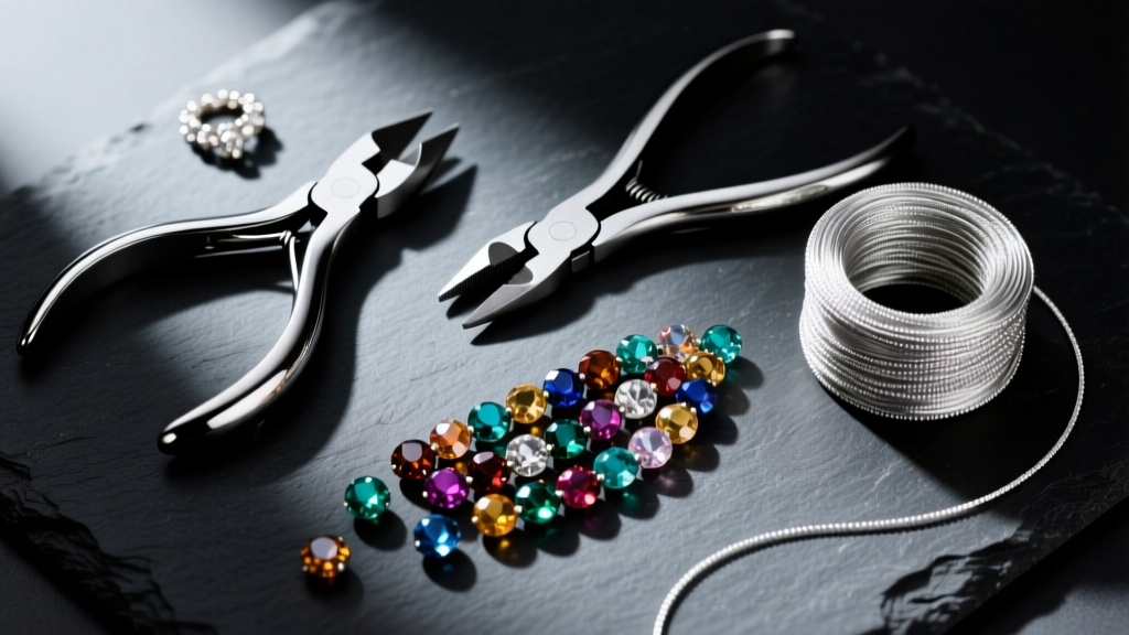 Overhead flat lay of jewelry pliers, flush cutters, a spool of silver beading wire, and scattered gemstone beads on dark slate.
