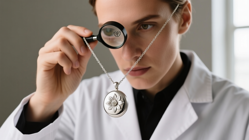 Jeweler inspecting a silver edelweiss locket necklace with a loupe, focusing on the tiny hallmark stamp engraved on the jump ring.