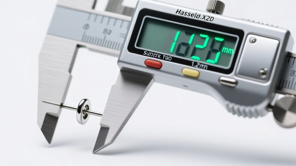 Digital caliper measuring the 1.2mm thickness of a surgical steel dangle earring post against a clean white studio background.