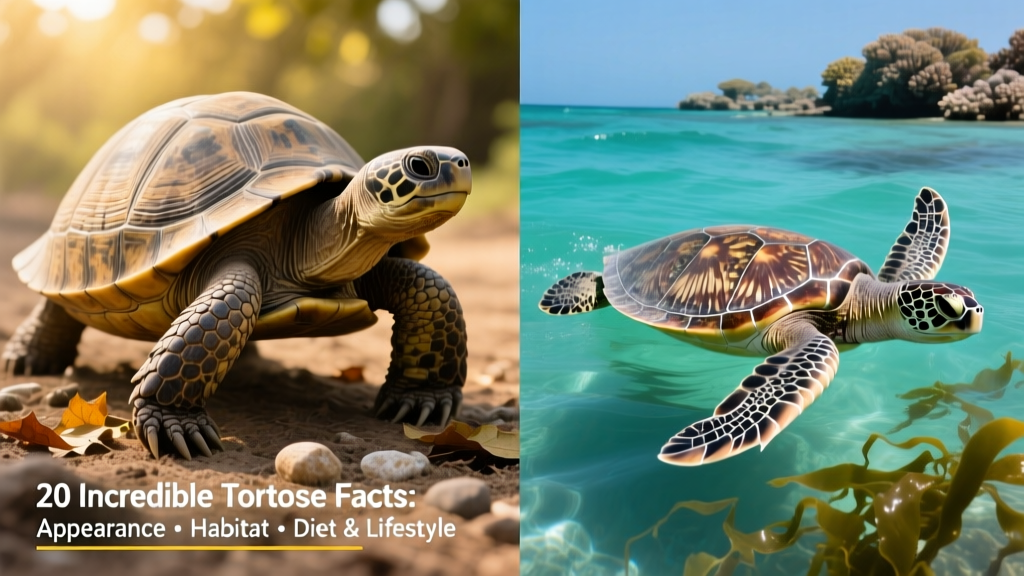 Side-by-side comparison showing a tortoise on land with a domed shell and sturdy legs versus a sea turtle in water with a flattened shell and flippers