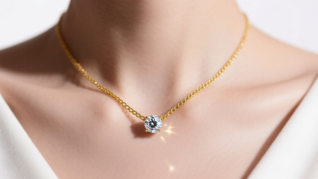 Close-up of a delicate 14k yellow gold chain on a collarbone with a small round brilliant diamond pendant in soft lighting.
