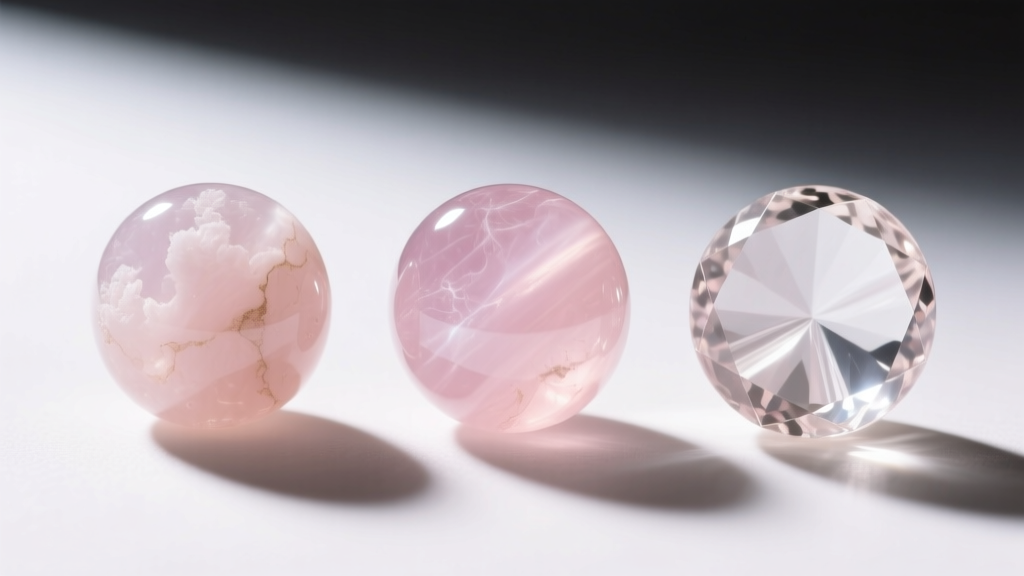 Close-up comparison of three rose quartz beads showing cloudy low-grade, milky medium-grade, and translucent high-grade gem stones