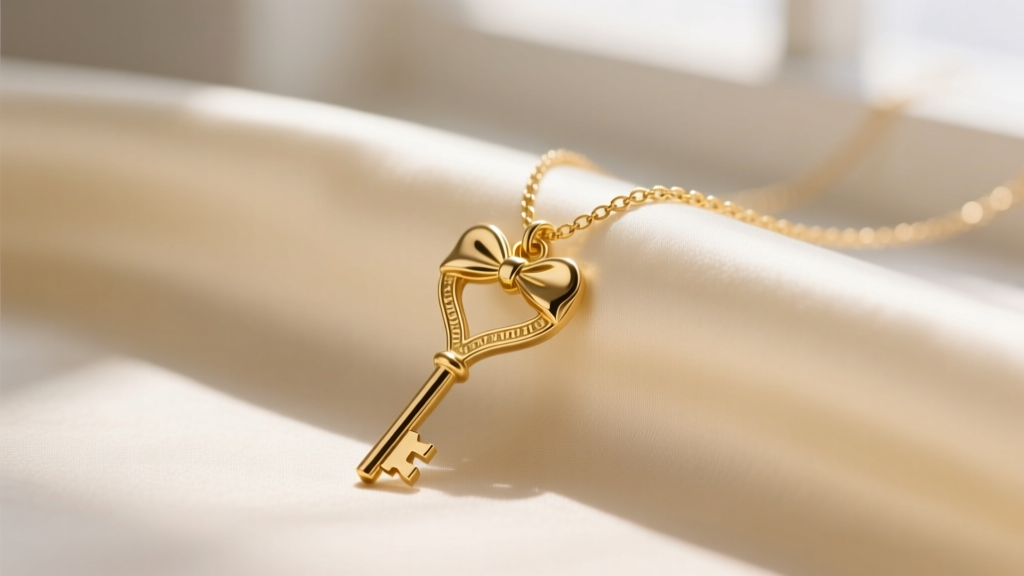 Close-up of a delicate 14k yellow gold key necklace with heart-shaped bow resting on cream silk, soft natural window lighting.