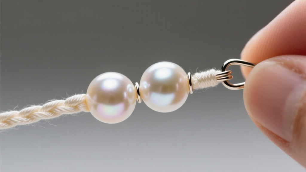 Macro shot of hand-knotted silk thread between two 7mm Akoya pearls, showing precise spacing and French wire gimp near clasp.