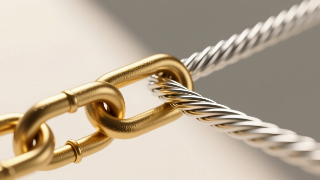 Macro shot of a thick gold paperclip chain intersecting with a delicate cable chain, highlighting contrasting metal textures