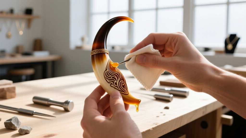 Hands applying microcrystalline wax to a brown horn pendant with a soft cloth in a bright, sunlit jewelry workshop setting.