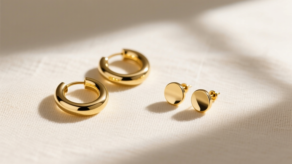 Flat lay of gold vermeil huggies and gold-filled studs on textured cream linen fabric, illuminated by soft natural window light.