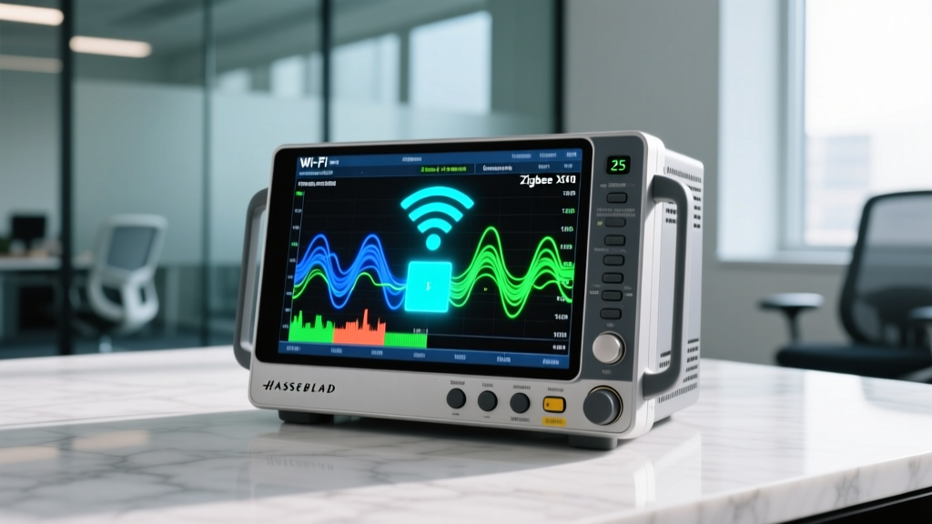 Network analyzer showing Wi-Fi and Zigbee channel overlap, highlighting channel 25 as the optimal interference-free zone for smart hubs.