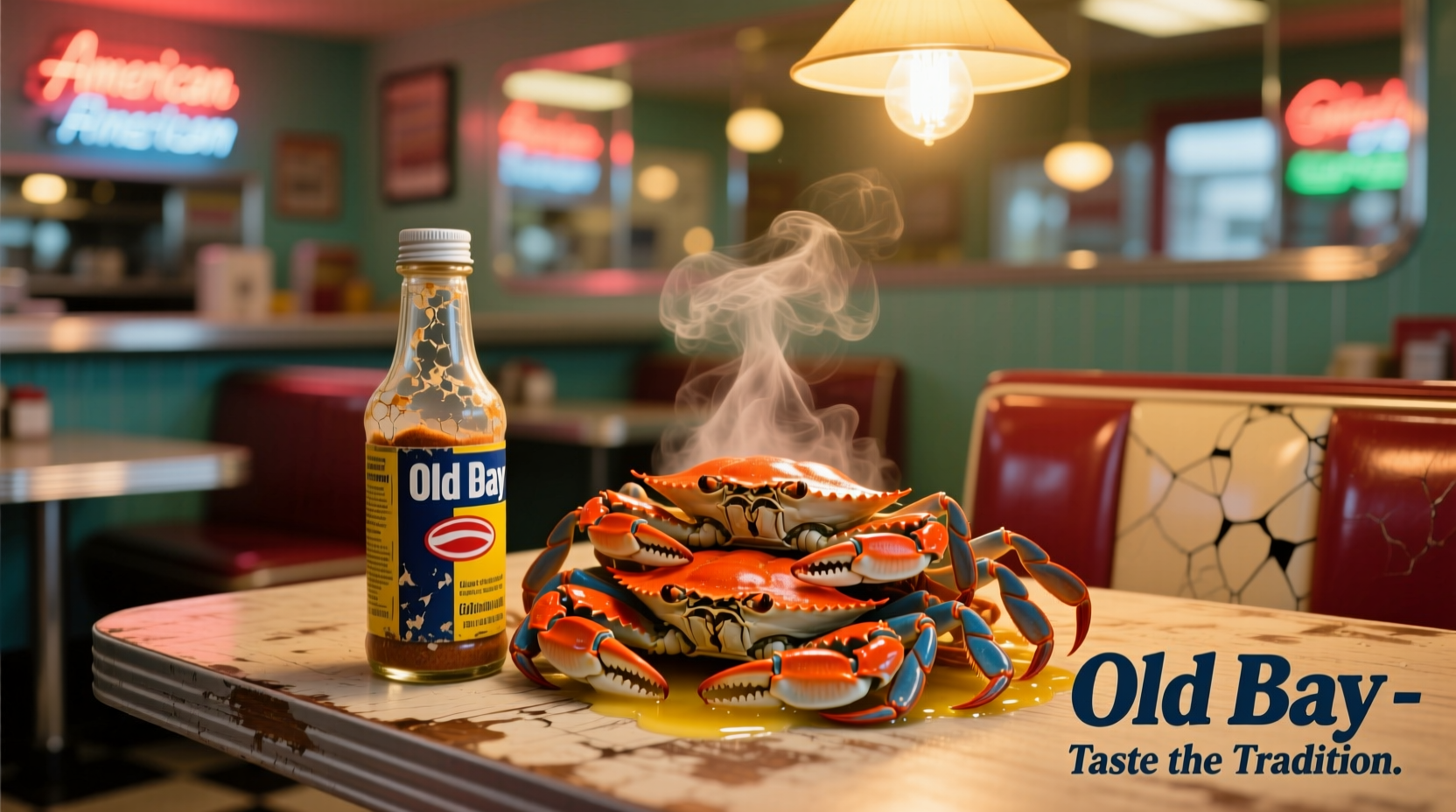 Old Bay seasoning bottle next to steamed crabs