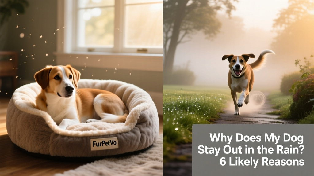 Side-by-side comparison: one dog curled up dry and cozy on a FurPetVo microfiber dog bed indoors, another happily exploring a misty garden path