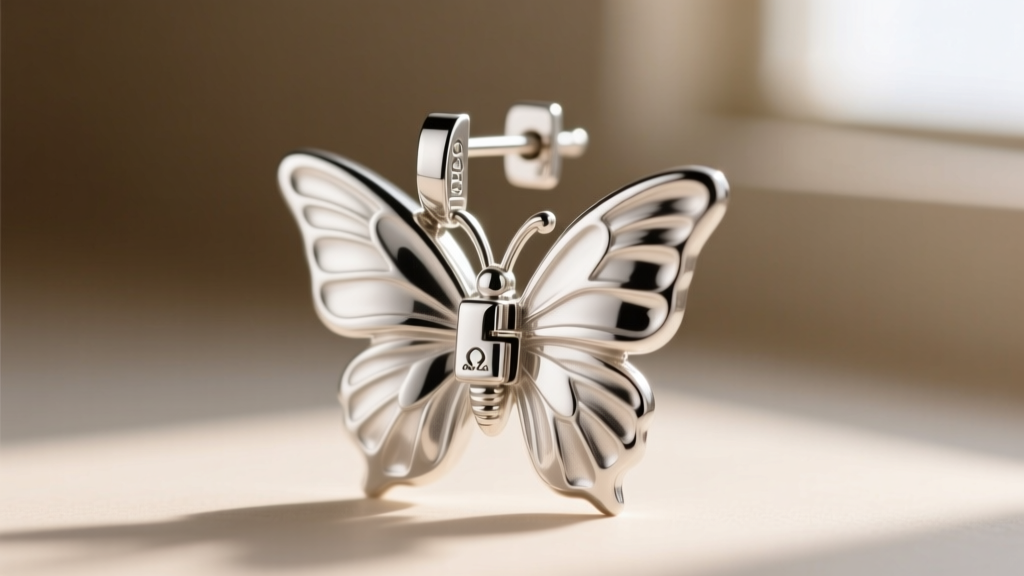 Macro shot of an omega-back clasp on a large sterling silver big butterfly earring showing the hinged mechanism and secure latch