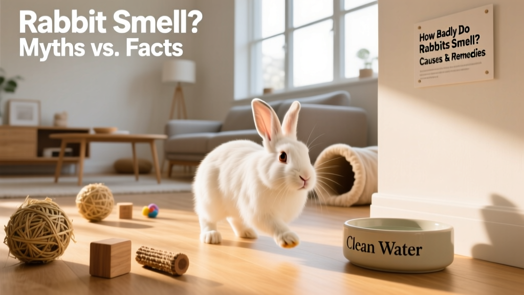Rabbit happily exploring a clean, sunlit living space with safe toys and chew items