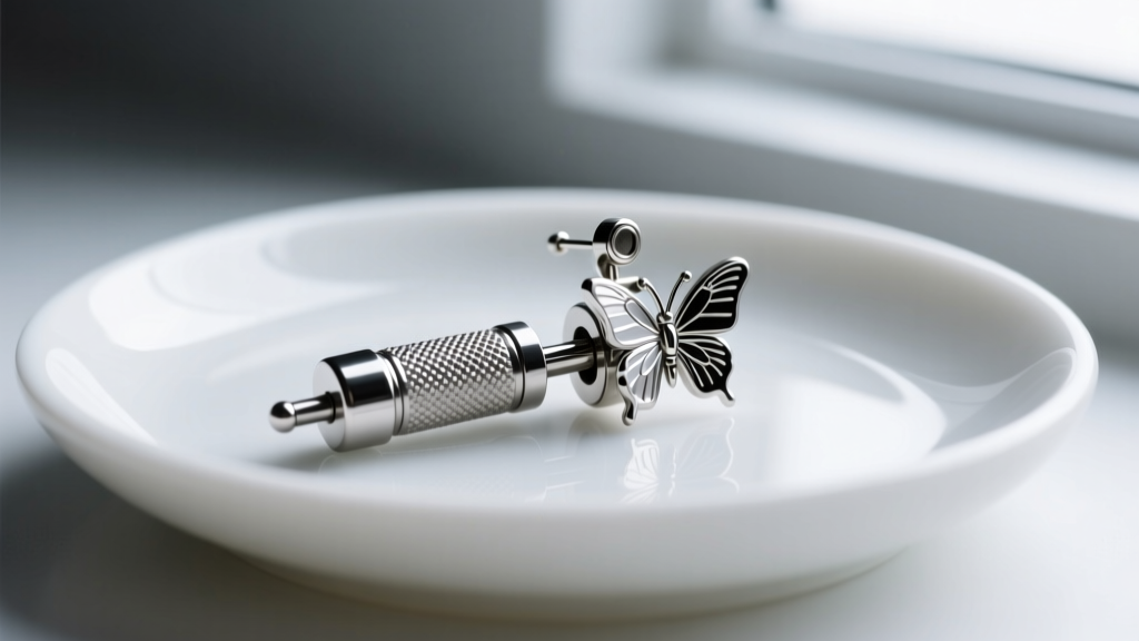 Close-up of a butterfly-back piercing gun earring on a sterile tray, highlighting the thick post and metal clutch backing.