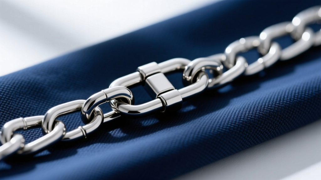Macro shot of a 316L steel box chain clasp on blue Oxford cloth, highlighting smooth, completely snag-free polished metal edges.