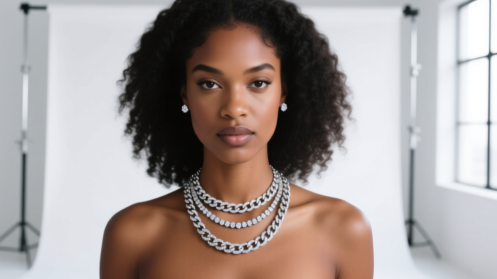 Woman wearing a layered 5mm diamond tennis chain and an 8mm Cuban link necklace showcasing the icy hip-hop aesthetic in a studio