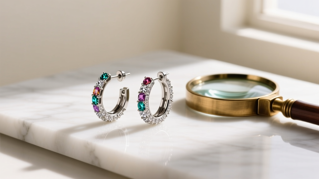 Flat lay of a hinged snap-back double hoop diamond earring beside a jeweler