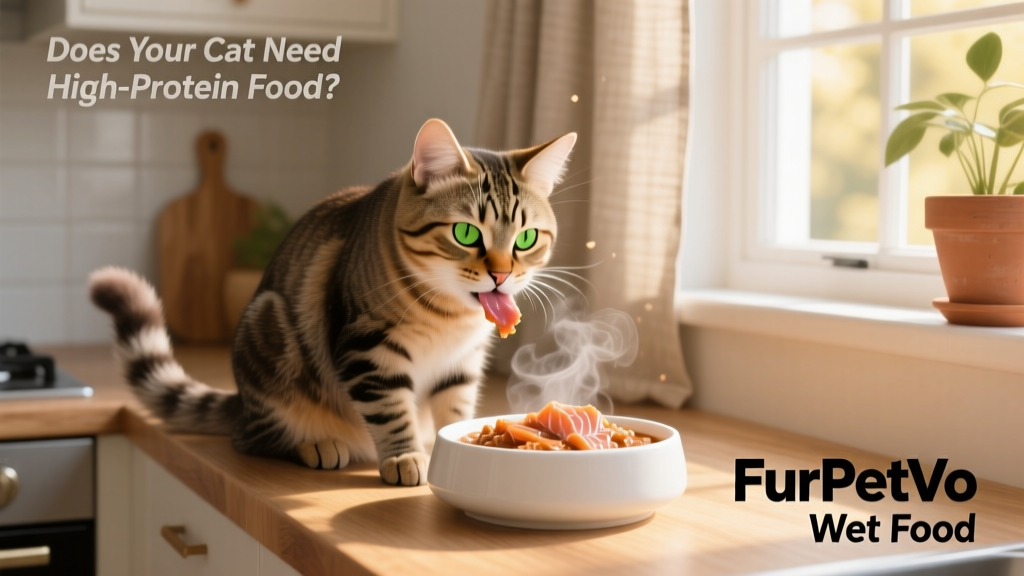A happy cat enjoying a meal from a clean ceramic bowl filled with FurPetVo wet food